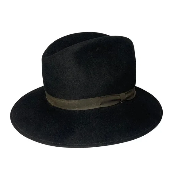 Black Felt Fedora Hat With Brown Band 100 Percent Wool - Picture 1 of 16